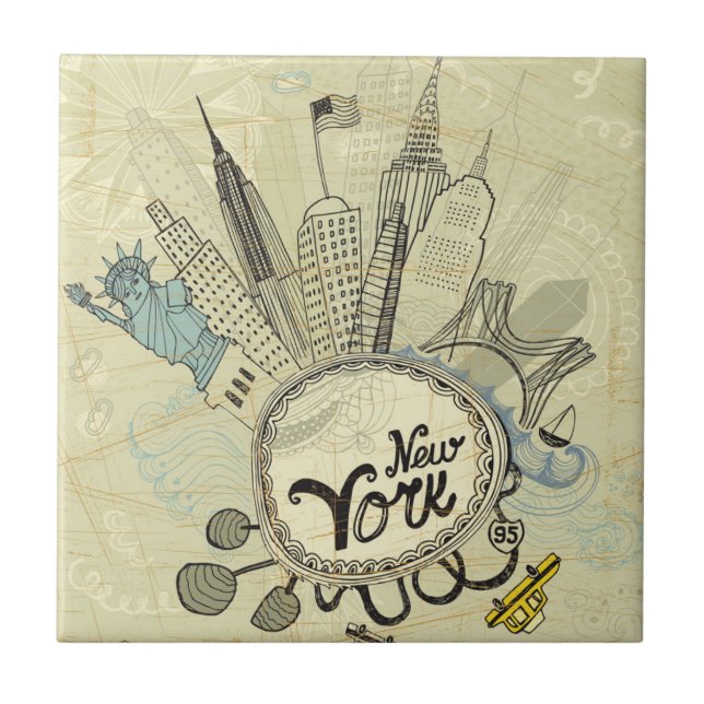 Azulejo Poster del Doodle de Nueva York (Frente)