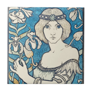Azulejo Póster vintage de mujer Art Nouveau con flores azu