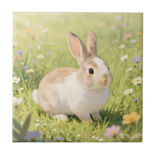 Azulejo Pradera de flores silvestres con adorable conejo e