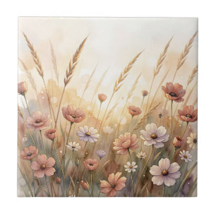 Azulejo Pradera de flores silvestres de acuarela suave flo