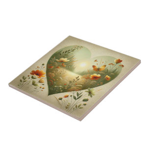 Azulejo Pradera de flores silvestres en forma de corazón b