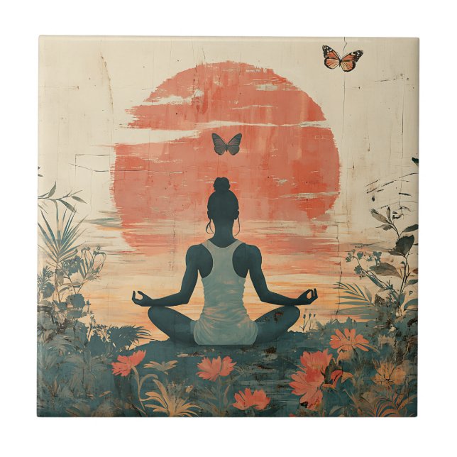 Azulejo Pradera del Atardecer Meditación con Mariposas (5) (Frente)