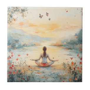 Azulejo Prado de la puesta de sol Meditación con mariposas