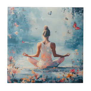 Azulejo Prado de la puesta de sol meditación con mariposas