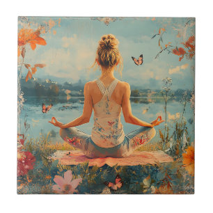 Azulejo Prado de la puesta de sol Meditación con mariposas