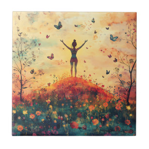 Azulejo Prado de la puesta de sol Meditación con mariposas