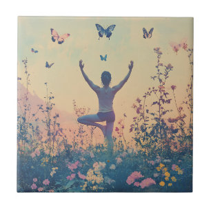 Azulejo Prado de la puesta de sol Meditación con mariposas