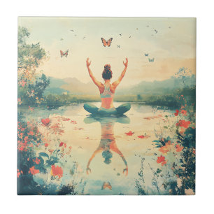 Azulejo Prado de la puesta de sol Meditación con mariposas