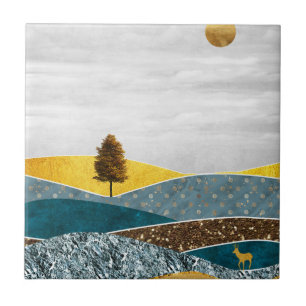Azulejo Prado dorado con árbol y ciervo