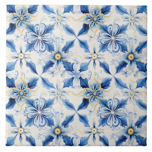 Azulejo Pretty Blue & Yellow Floral Mediterrean Ornate (Frente)