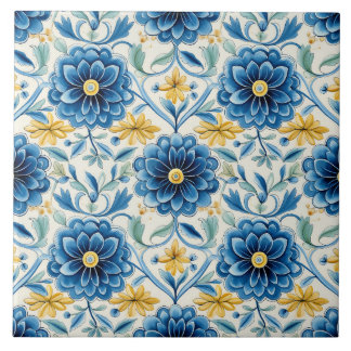 Azulejo Pretty Blue & Yellow Floral Vintage