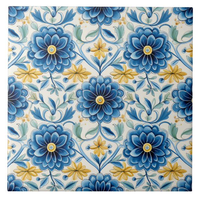 Azulejo Pretty Blue & Yellow Floral Vintage (Frente)
