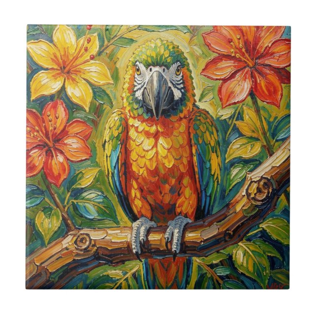 Azulejo Pretty Colorful Impasto Parrot and Tropical Flower (Frente)