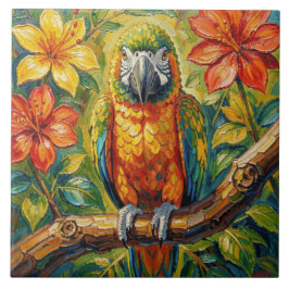 Azulejo Pretty Colorful Impasto Parrot and Tropical Flower