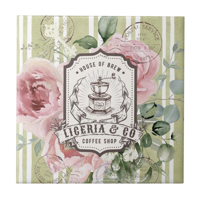 Azulejo Pretty French Shabby Chic Retro Coffee shop logo (Frente)