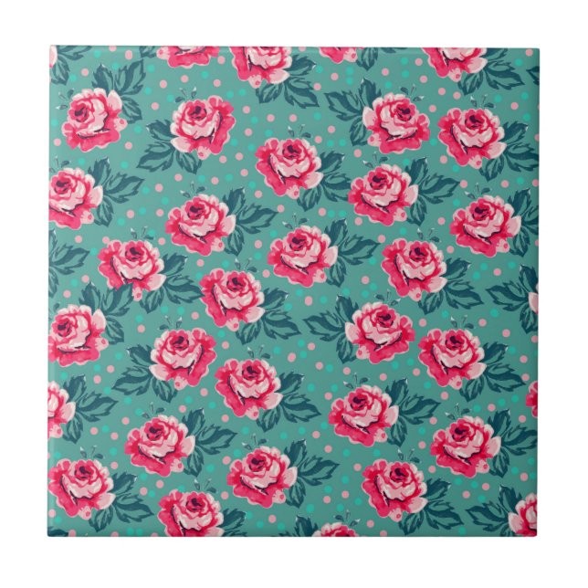 Azulejo Pretty Pink Roses and Polka Dot Pattern on Teal (Frente)