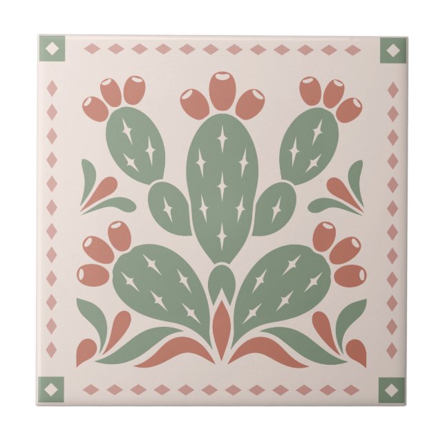 Azulejo Prickly Pear Cactus - Southwest Folk Pattern (Frente)