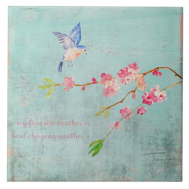Azulejo Primavera Bird Floral Cherryblossom Clima Azul (Frente)