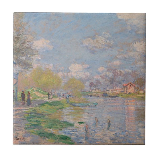 Azulejo Primavera por el Sena de Monet Impresionista (Frente)
