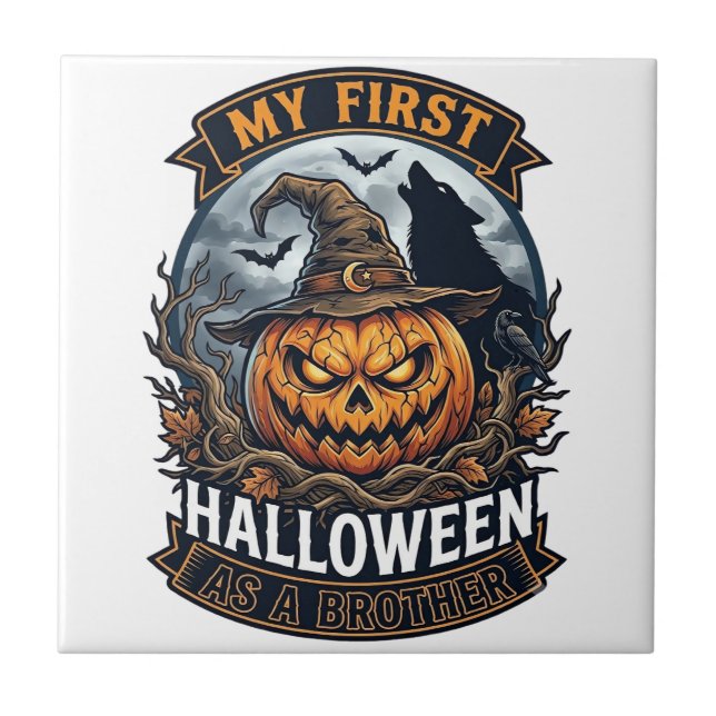 Azulejo Primer Halloween como hermano Pumpkin Wolf Moon_1 (Frente)