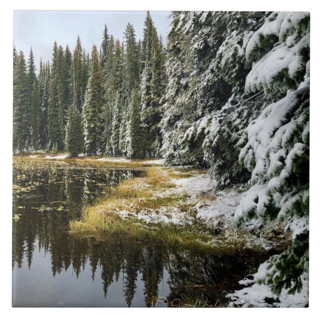 Azulejo Primera nieve en aguas doradas (Frente)