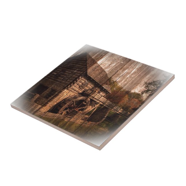 Azulejo Primitive Barn Wood granjero molino rueda de agua (Lado)