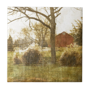 Azulejo Primitive Country Tree Farm Red Cabin in the woods