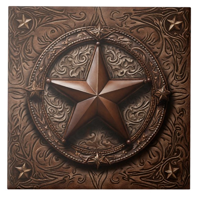 Azulejo Primitivo Cowboy Brown Country Western Texas Star (Frente)