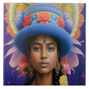 Azulejo princesa asiática con sombrero azul grande