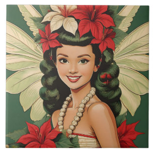 Azulejo Princesa de Navidades tropicales retro de los años