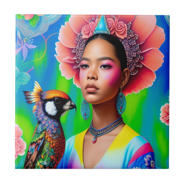 Azulejo Princesa floral con un pájaro (Frente)