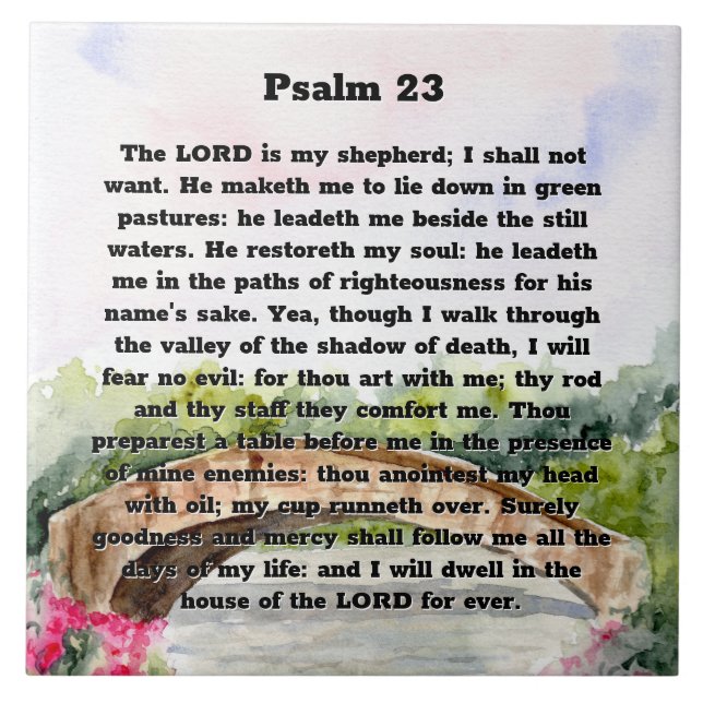 Azulejo Psalm 23 Puente acuático, flores rosas (Frente)