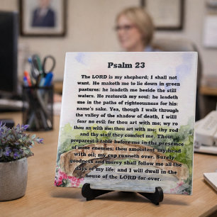 Azulejo Psalm 23 Puente acuático, flores rosas