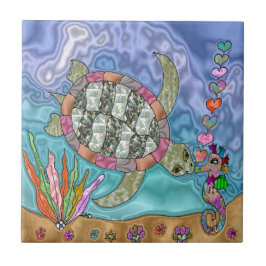 Azulejo Psicodelia Mar Turtle Seahorse Art