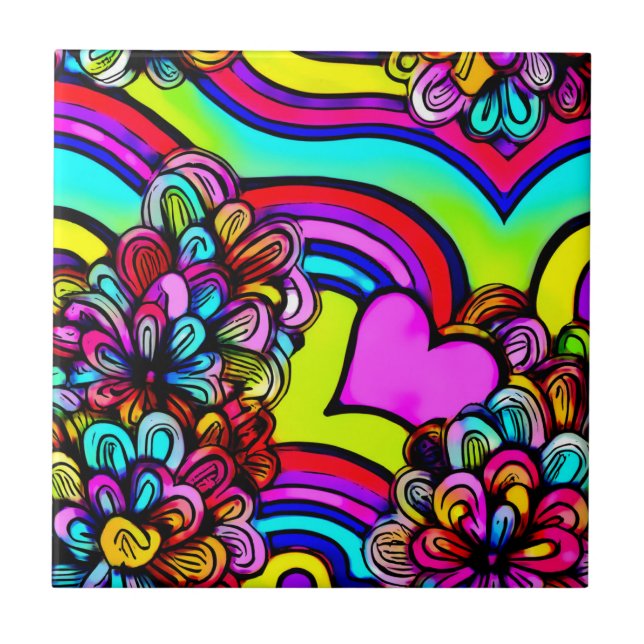 Azulejo Psicodélico Personalizado Arcoiris flor Corazón mo (Frente)