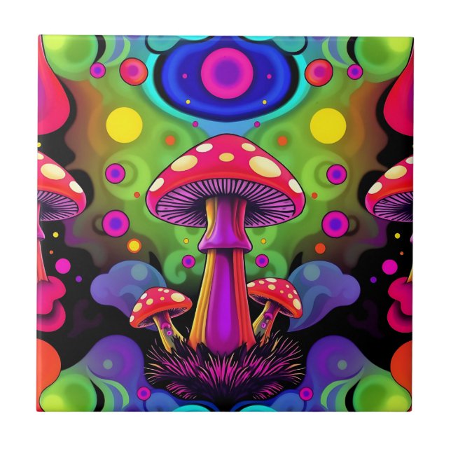 Azulejo Psychedelic Vibrant Colorful Retro Mushrooms (Frente)