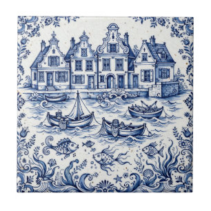 Azulejo Pueblo de Delft y puerto de pesca Cobalto Azul Bla