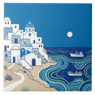 Azulejo Pueblo Mediterráneo Blanco y Azul y Paisaje Marino