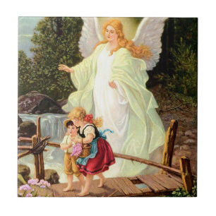 Azulejo Puente del Ángel de la Guarda vigilando a los niño