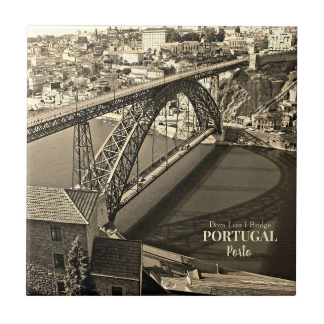 Azulejo Puente Porto sobre el río Douro, Portugal, sepia (Frente)