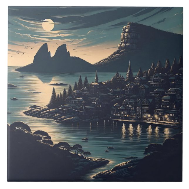 Azulejo Puerto a la luz de la luna (Frente)
