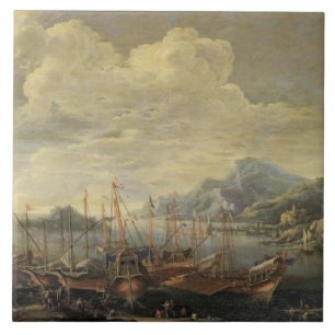 Azulejo Puerto con el faro y las naves (aceite en lona)