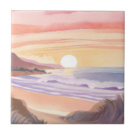 Azulejo Puesta de sol del mar rosado | Pintura en acuarela