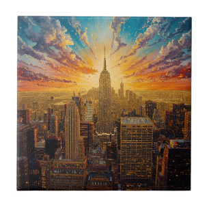 Azulejo Puesta de sol dorada sobre la silueta de Nueva Yor