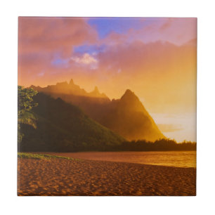 Azulejo Puesta de sol en la playa dorada, Hawaii