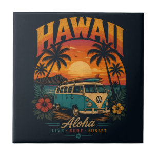 Azulejo Puesta de sol hawaiana vintage palmeras tabla de s