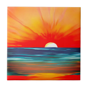 Azulejo Puesta de sol oceánica vívida en naranja y azul