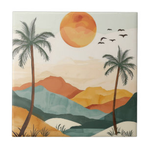 Azulejo Puesta de sol retro tropical de montaña naranja do