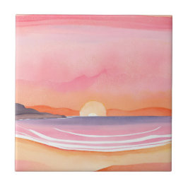 Azulejo Puesta de sol rosa | Pintura del cielo de la playa
