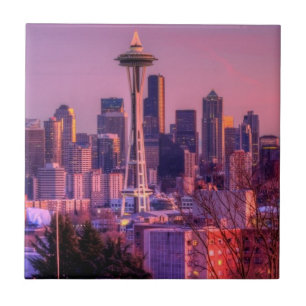 Azulejo Puesta del sol detrás del horizonte de Seattle de